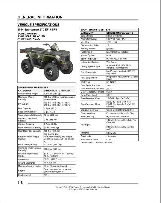 2014 Polaris Sportsman 570 EFI (EPS / Forest / Touring ) ATV Service Manual