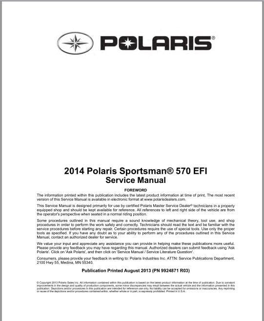 2014 Polaris Sportsman 570 EFI (EPS / Forest / Touring ) ATV Service Manual
