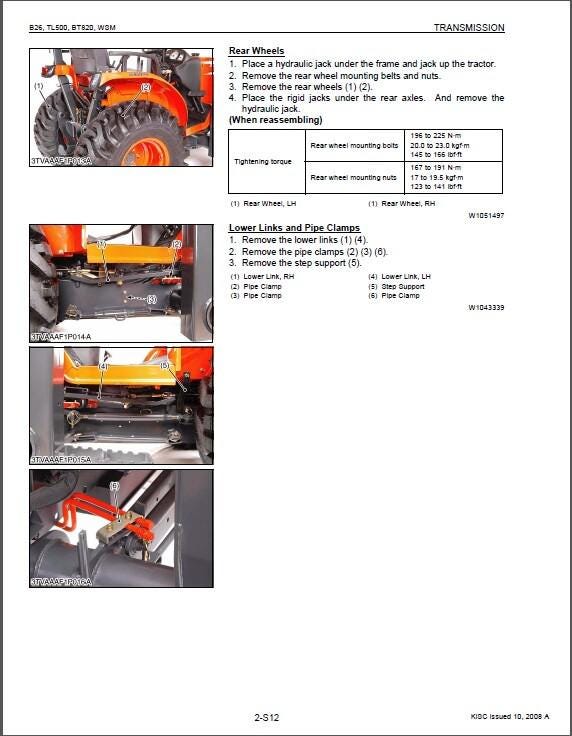 Kubota B26 TL500 BT820 Tractor, Loader, Backhoe WSM Service Manual