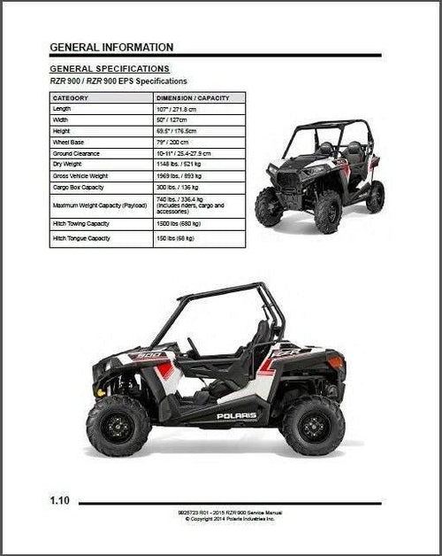 2015 Polaris RZR 900 EPS / XC / S 900 Service Manual