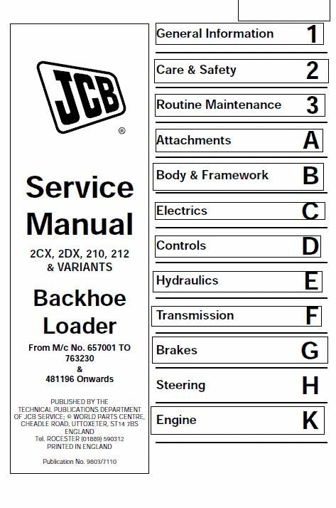 JCB 2CX, 2DX, 210, 212 & VARIANTS Backhoe Loader Service Manual