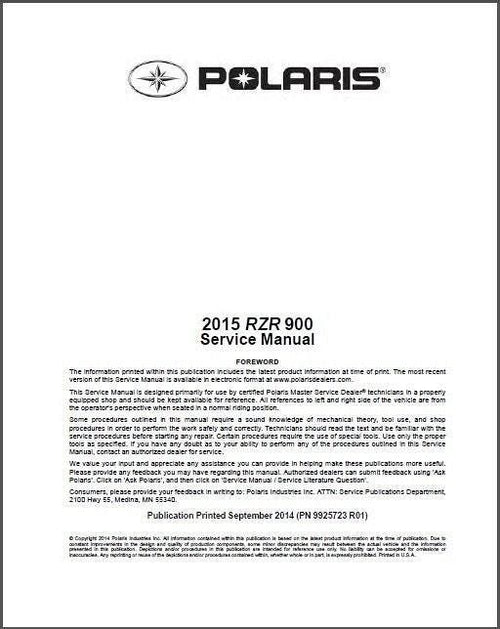 2015 Polaris RZR 900 EPS / XC / S 900 Service Manual