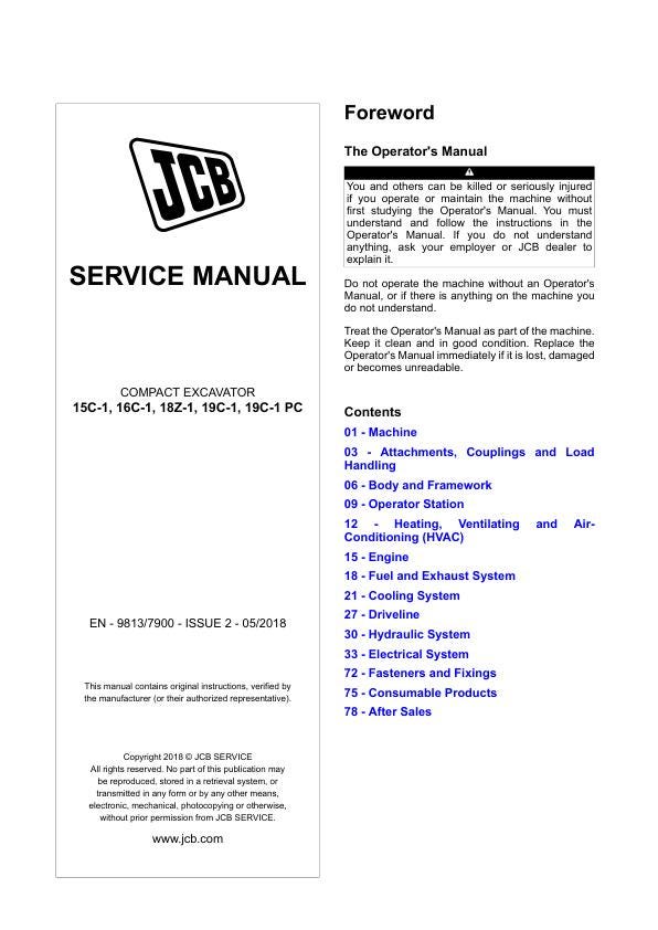 JCB 15C-1, 16C-1, 18Z-1, 19C-1, 19C-1 PC Compact Excavator Service Repair Manual