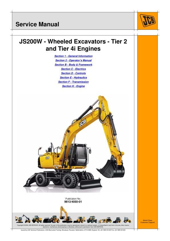 JCB JS200W Wheeled Excavators Tier 2 & Tier 4i Engines Service Manual
