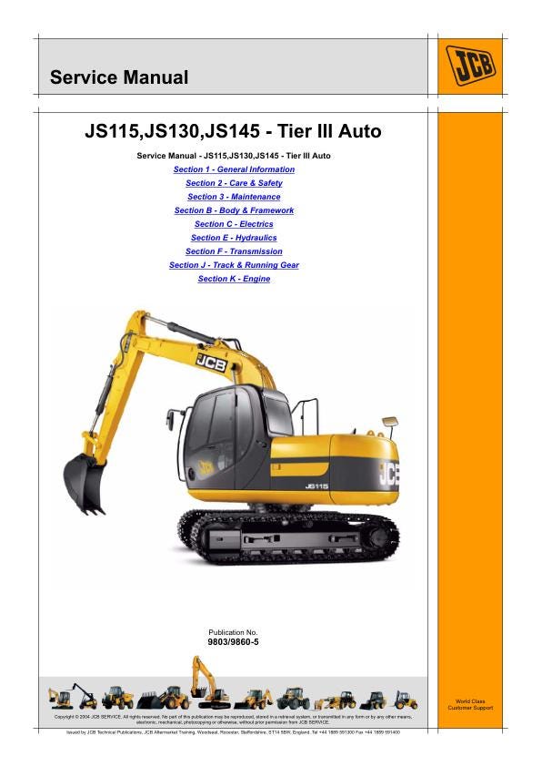 JCB JS115, JS130, JS145 – Tier III Auto Service Manual